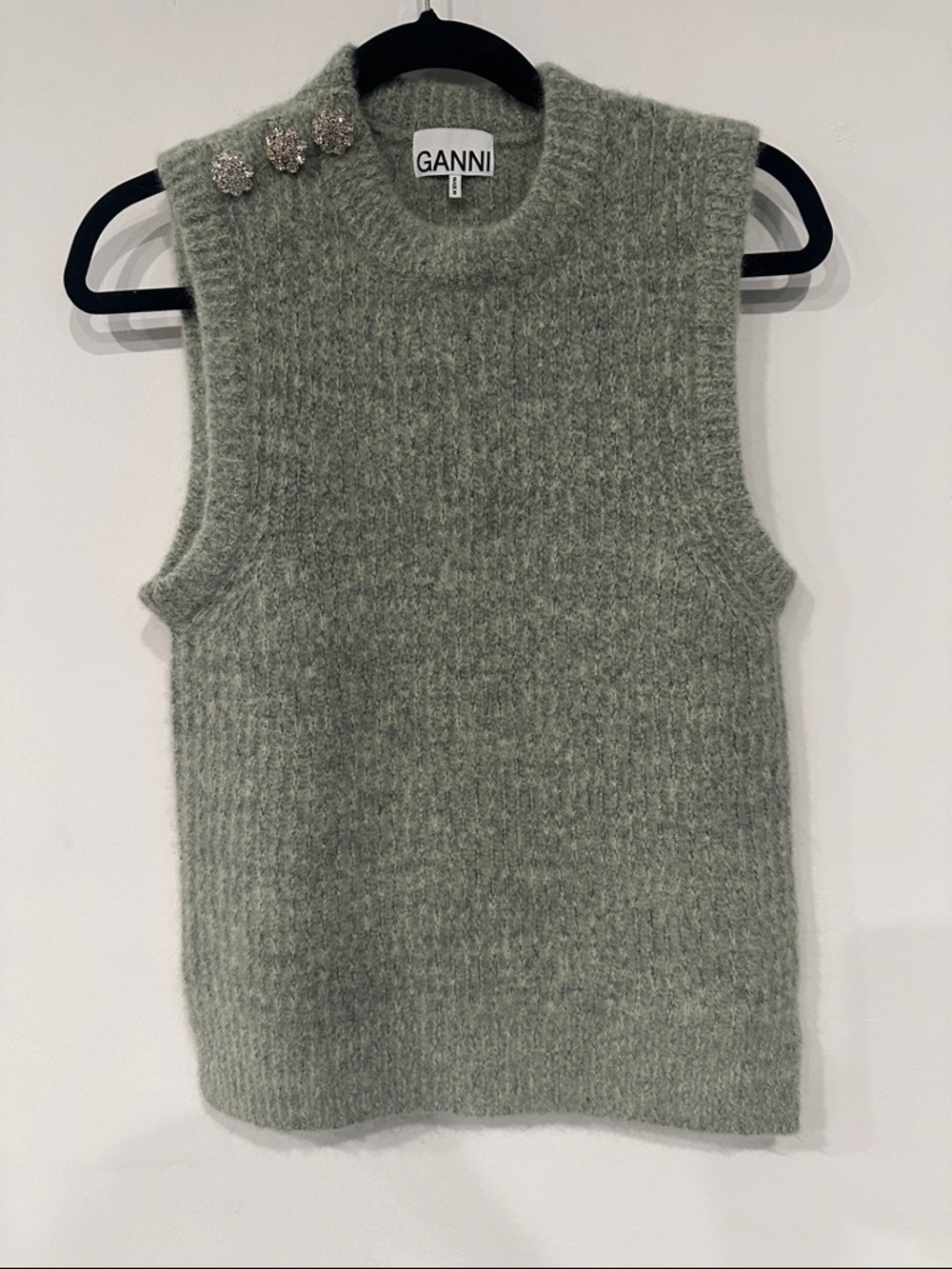 Ganni Sleeveless wool sweater vest in Sage Green with Decorative Buttons